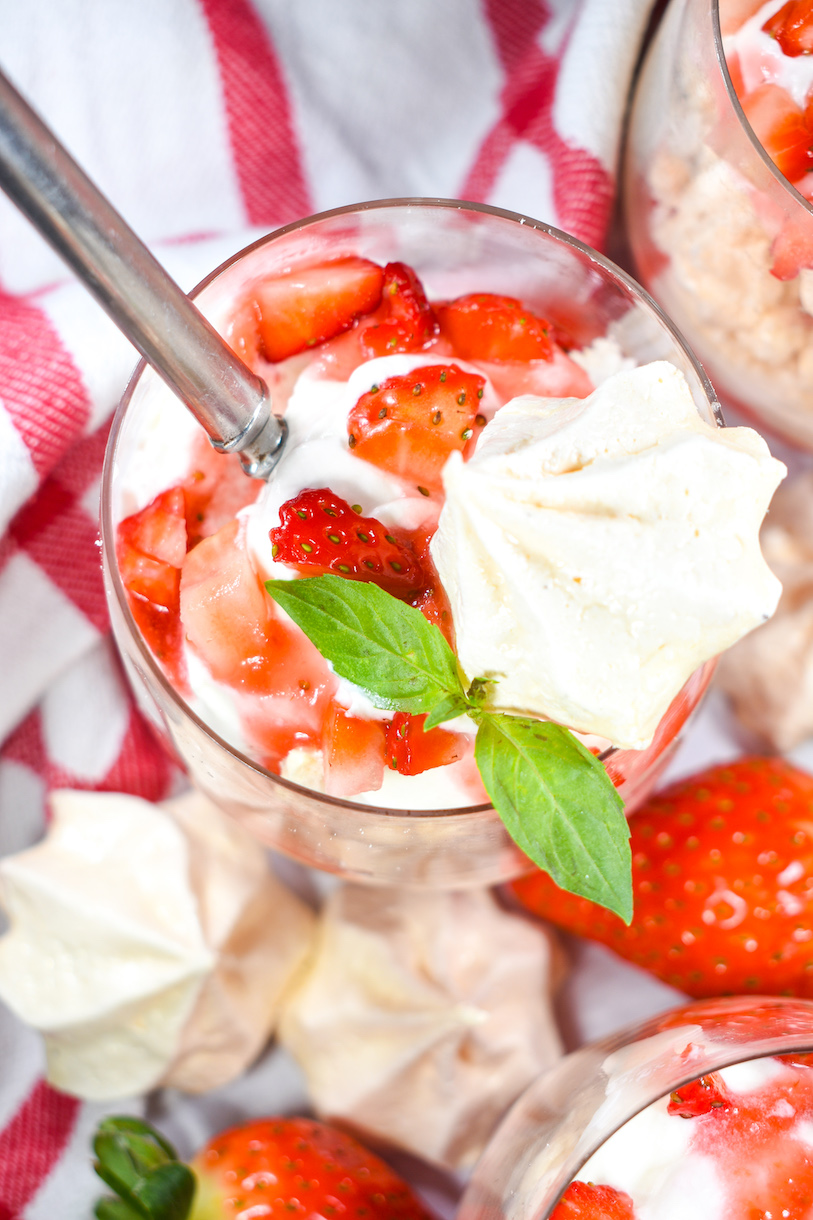 looking down at an Eton mess with strawberries and meringue