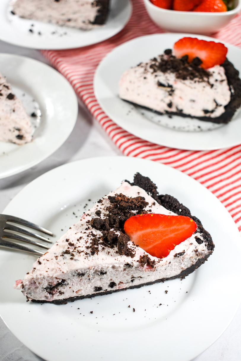 Slice of pie made from an oreo strawberry pie recipe