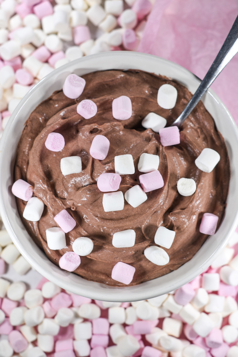 bowl of hot cocoa dip with mini marshmallows