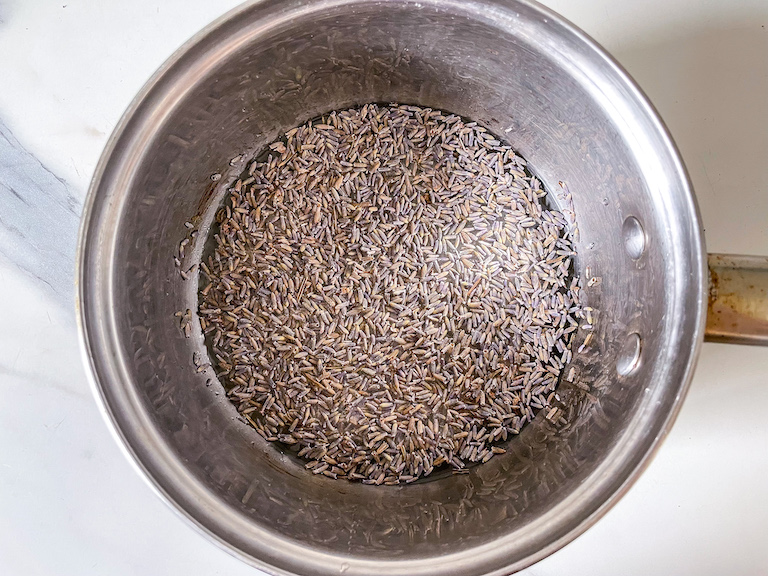 dried lavender in a saucepan