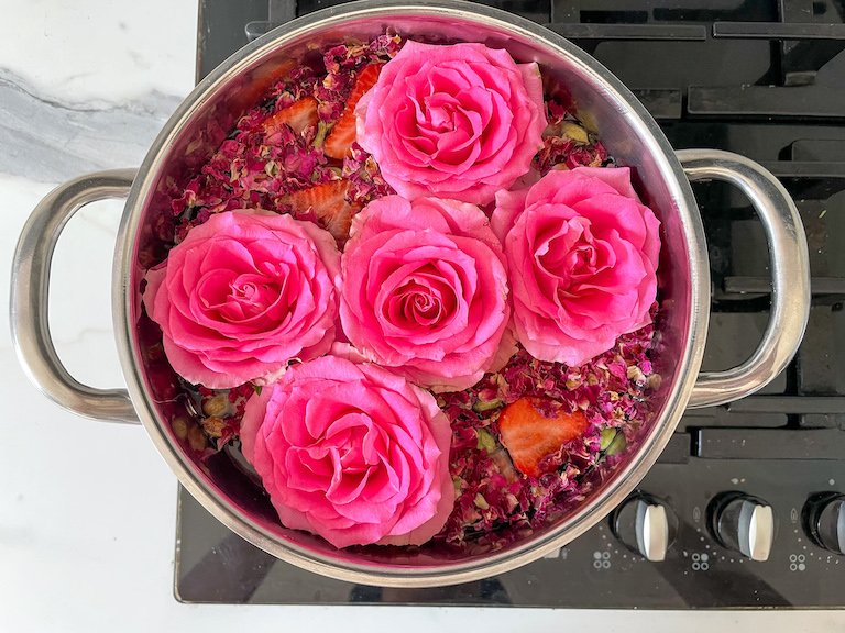 Rose simmer pot on a stovetop