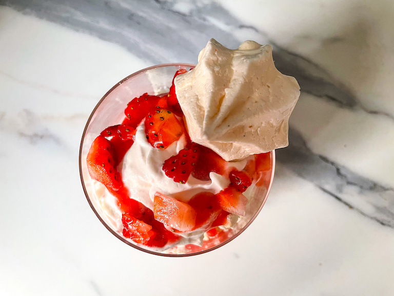An Eton Mess in a glass, viewed from above