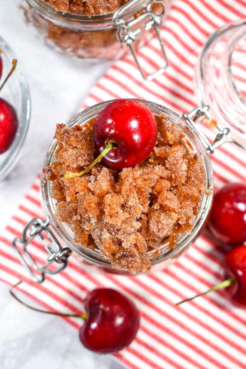 Cherry cola granita, striped red and white towel, and fresh cherries