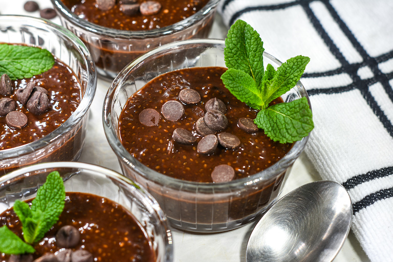 Dishes of chocolate pudding made with chia seeds