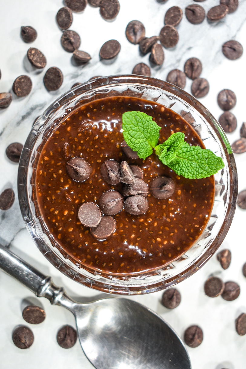 A dish of cocoa chia pudding