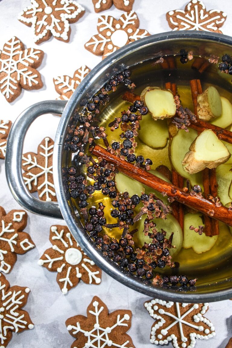 simmer pot surrounded by gingerbread cookies