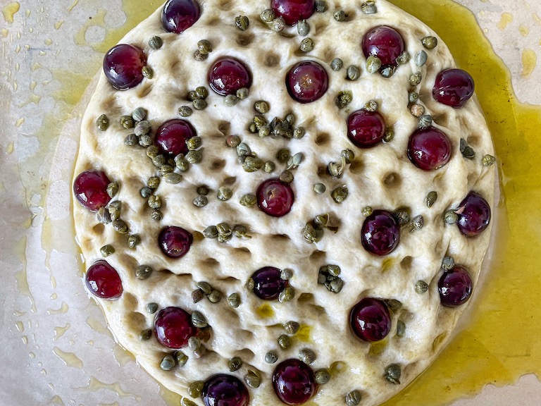 Grape focaccia drizzled in olive oil