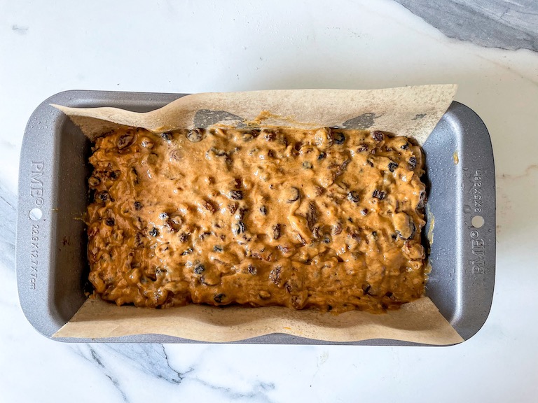 A tin of bara brith before baking