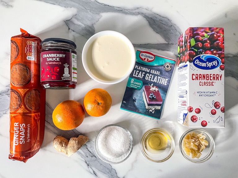 Parfait recipe ingredients arranged on a marble countertop