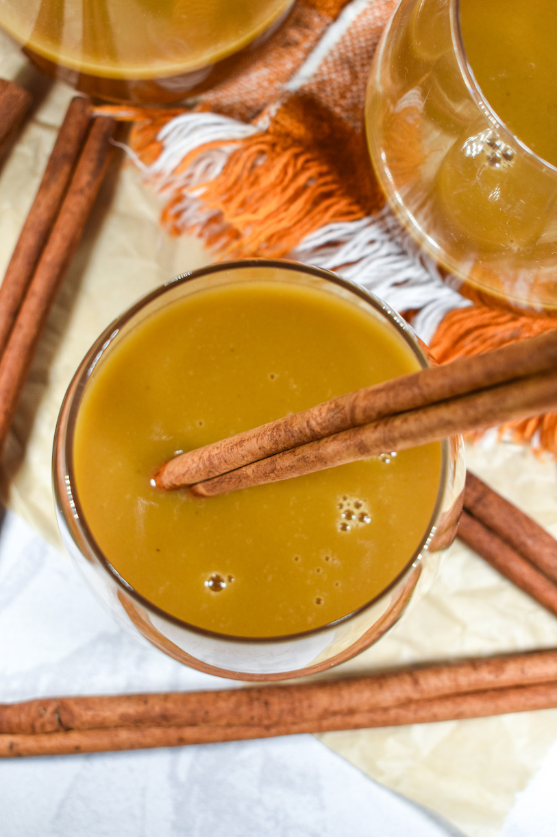 Looking down into a glass of hot buttered brandy