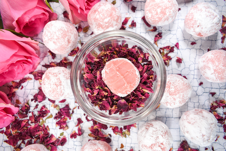 Rose truffles and a dish of dried rose petals