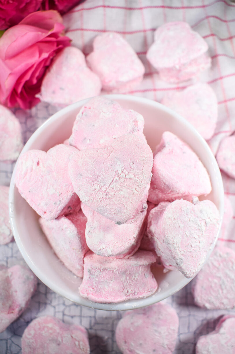 A bowl of pink heart marshmallows