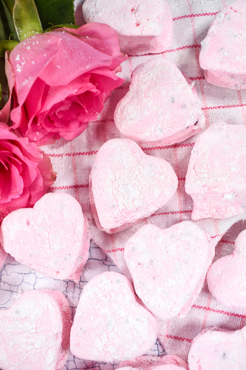 Pink roses and rosewater marshmallows on a plaid towel