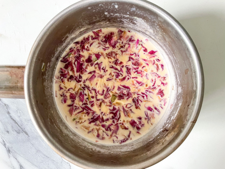 dried rose petals soaking in cream