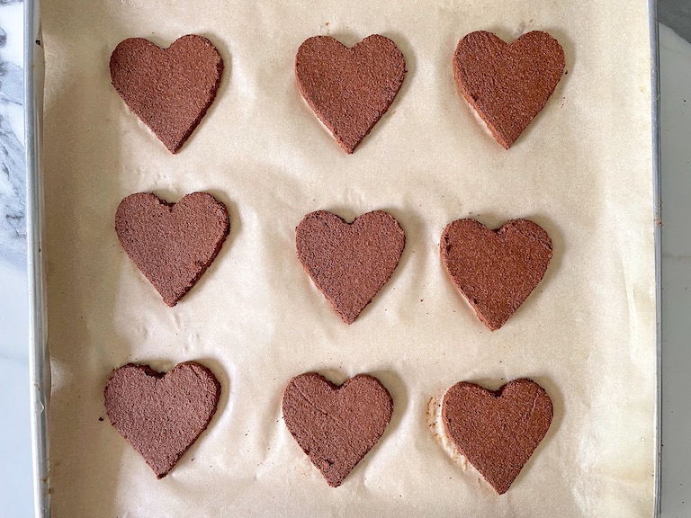 Heart shaped Christmas ornaments on a tray