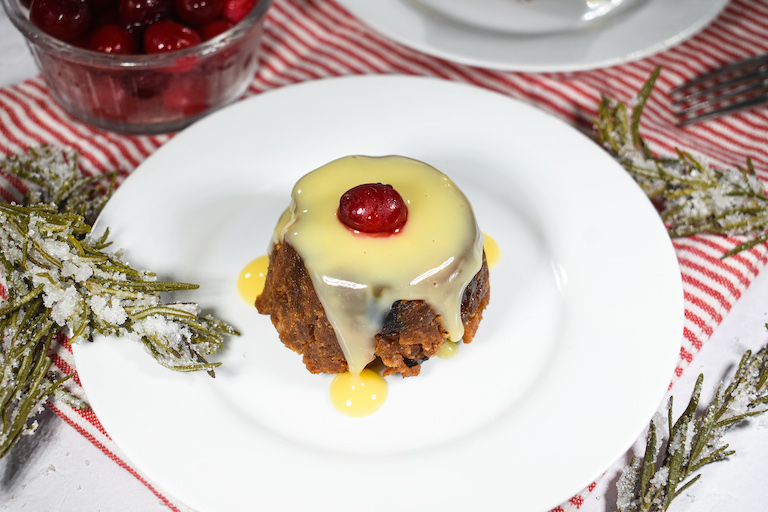 Christmas pudding on a white plate