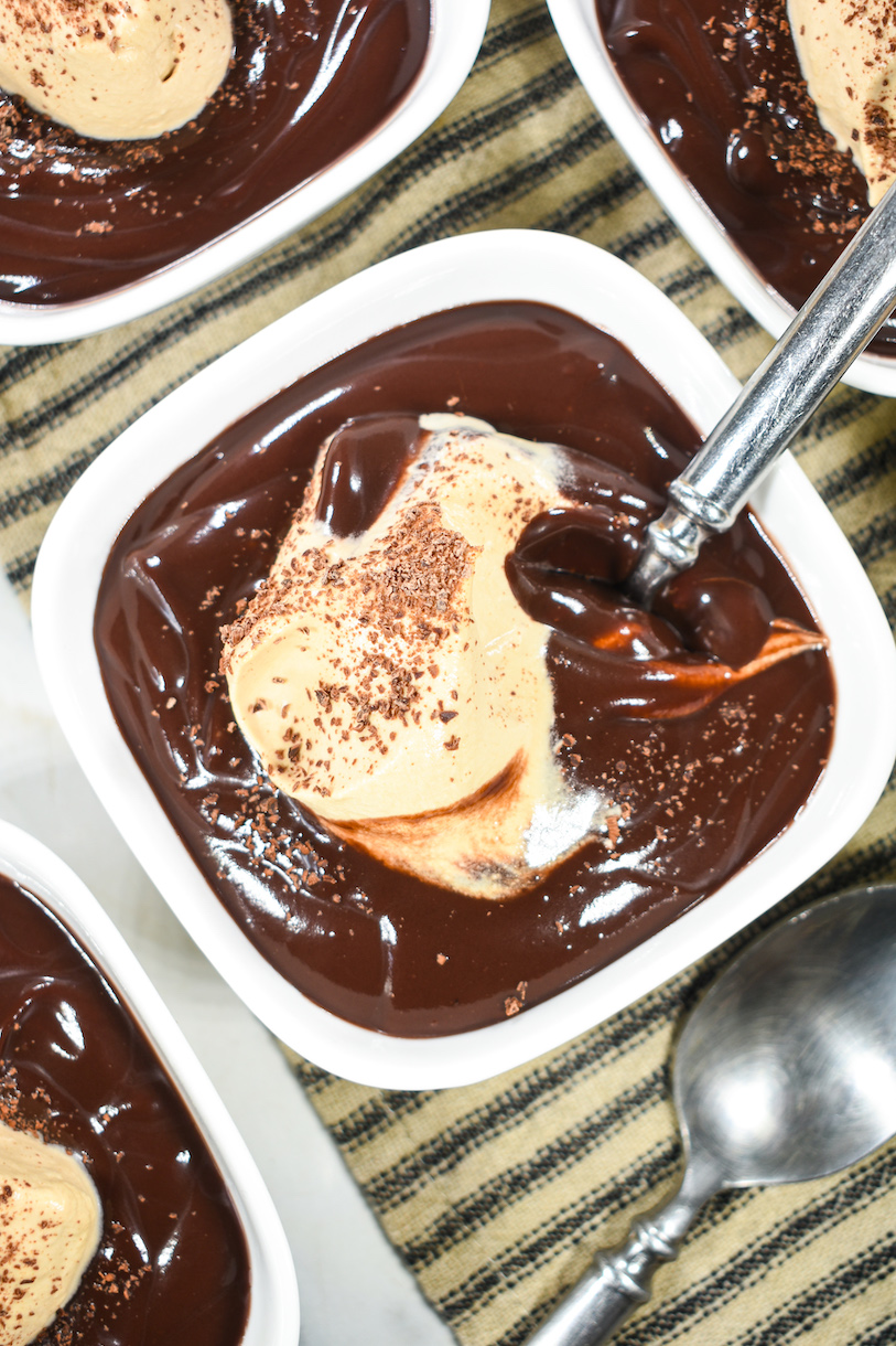 Chocolate pudding with coffee whipped cream