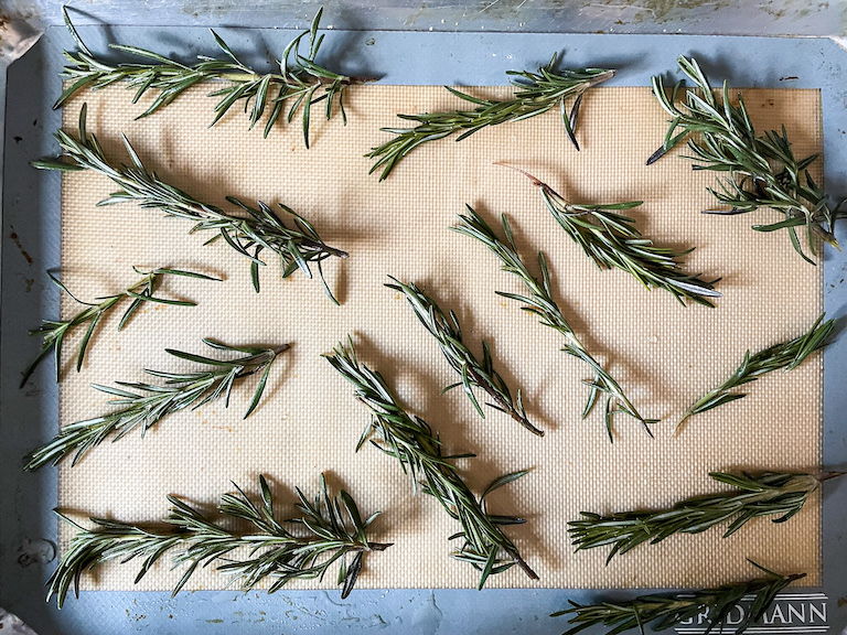 Rosemary arranged on a tray