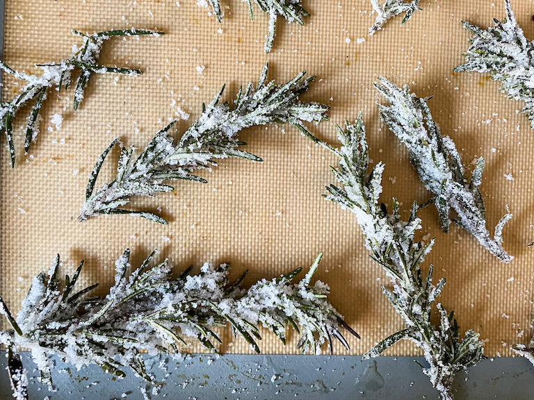 Rosemary arranged on a tray