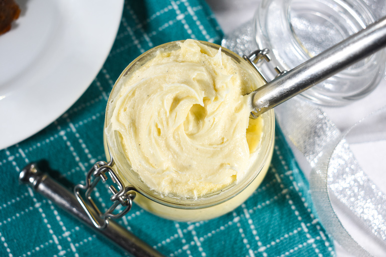 A glass jar of homemade brandy butter