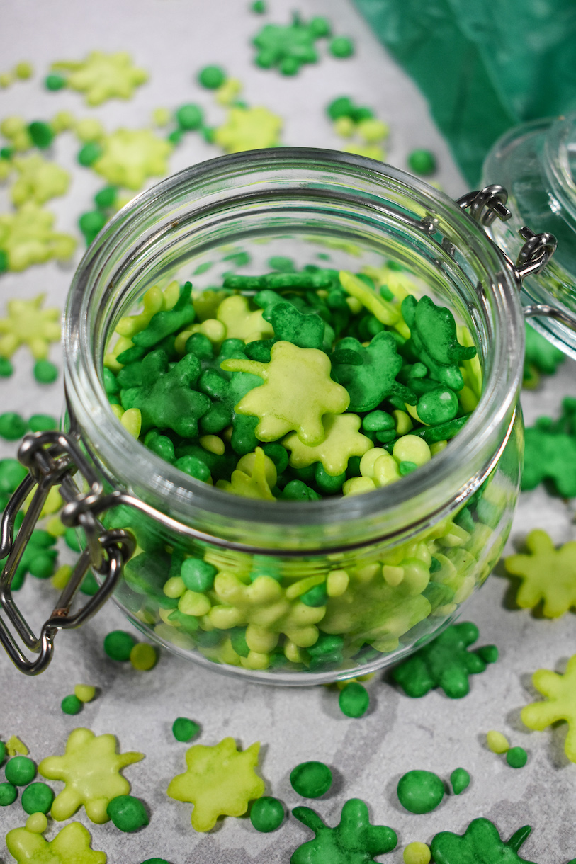 Shamrock sprinkles in a clear jar