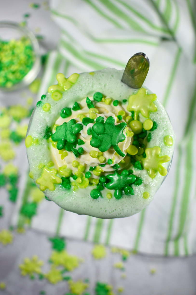 Mint shake garnished with Saint Patrick's Day sprinkles