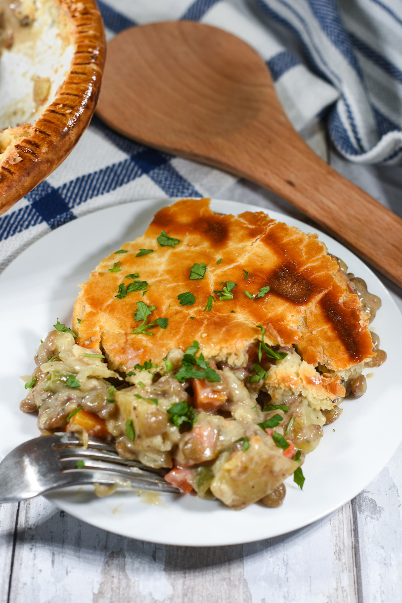 A slice of meatless pot pie with lentils