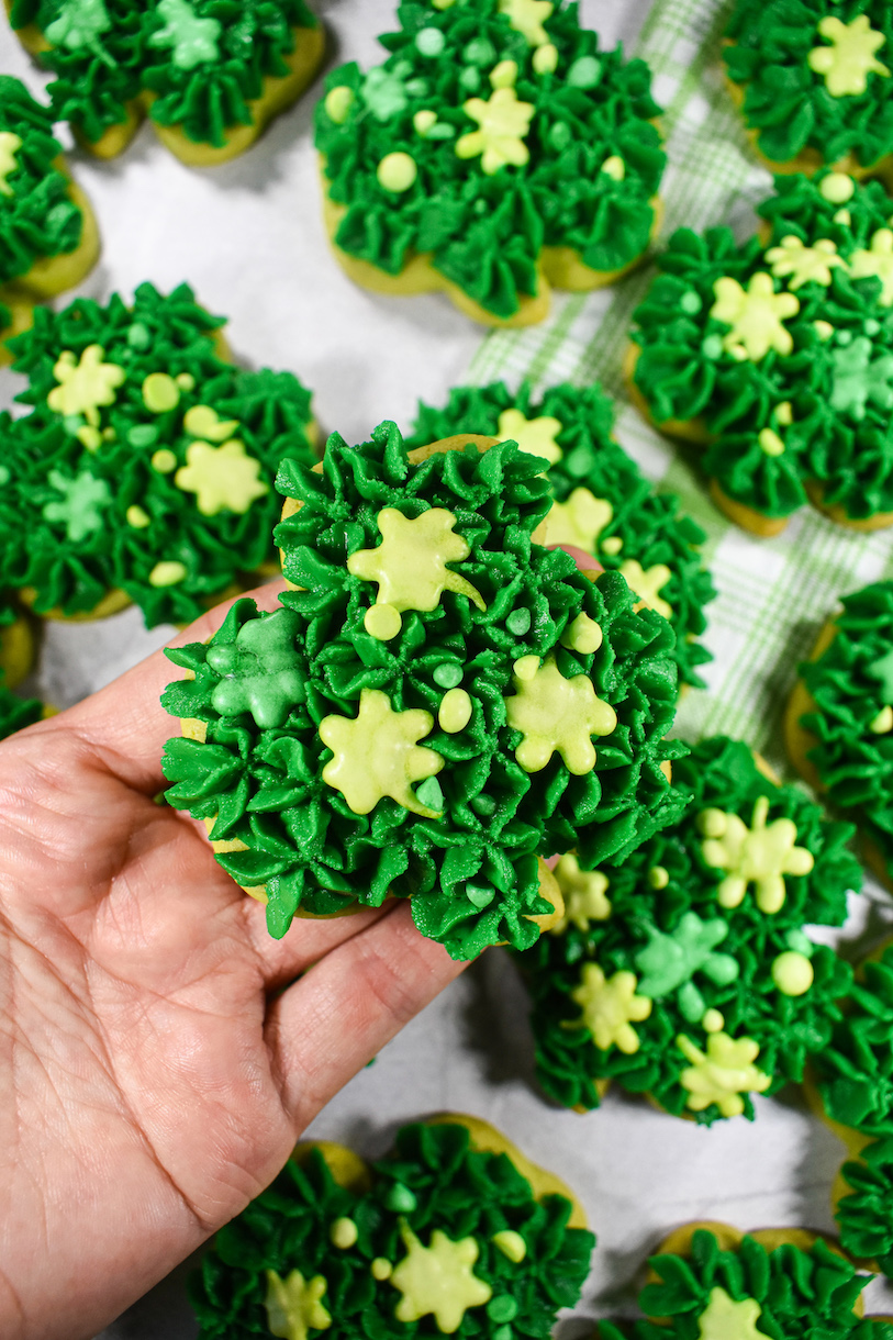 Hand holding a green Saint Patrick's Day cookie