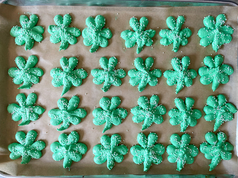 Shamrock meringues on a tray