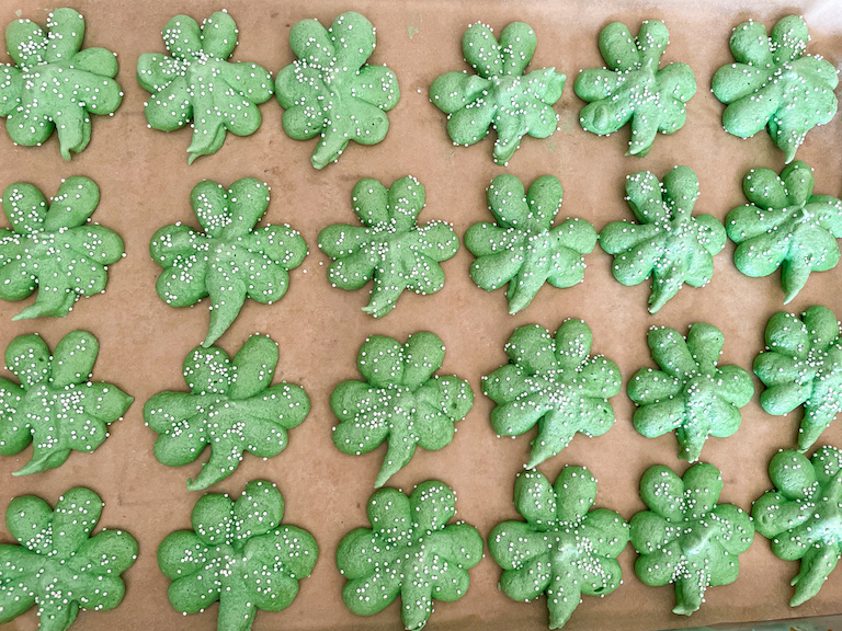 Shamrock meringue cookies after baking