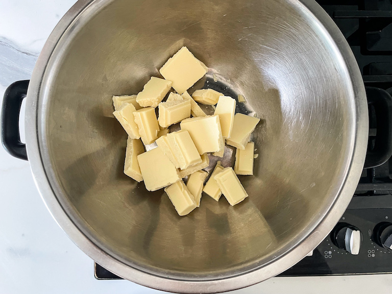 A bowl of chopped white chocolate