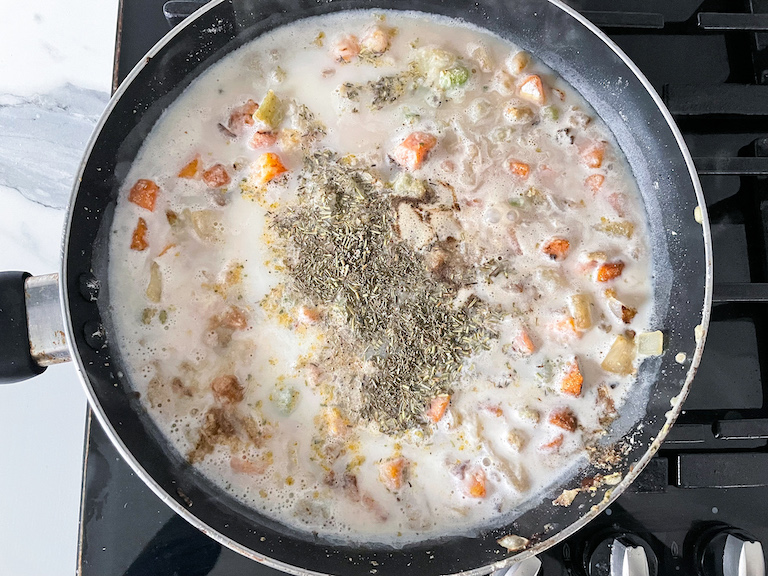 Cooking the filling for a meatless pot pie