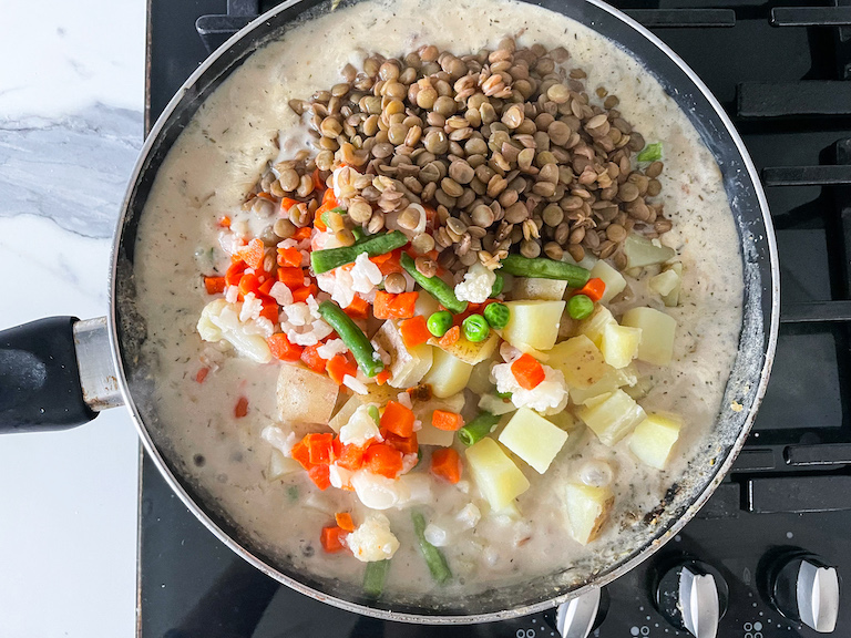 Adding lentils, potatoes, and vegetables to the filling for a meatless pot pie recipe