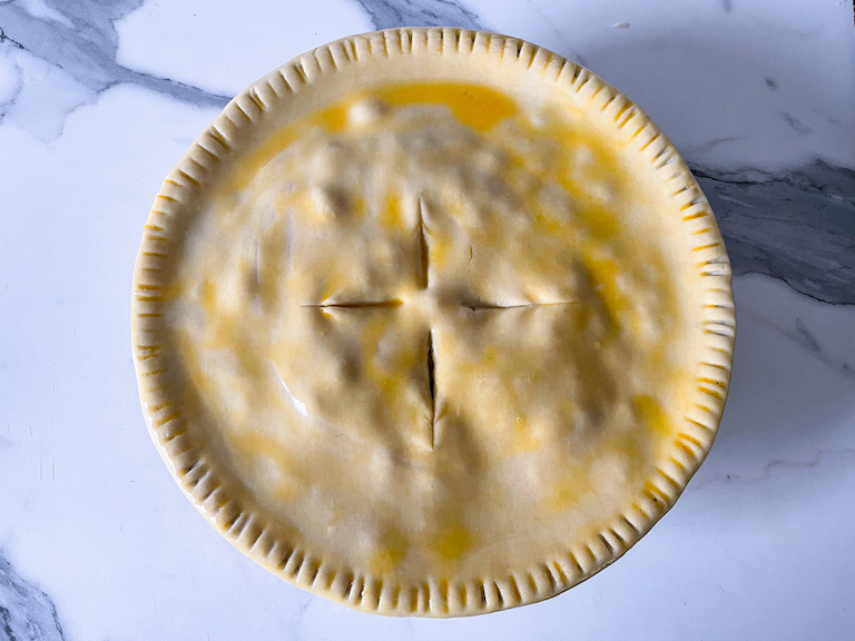 Vegetarian pot pie brushed with egg wash