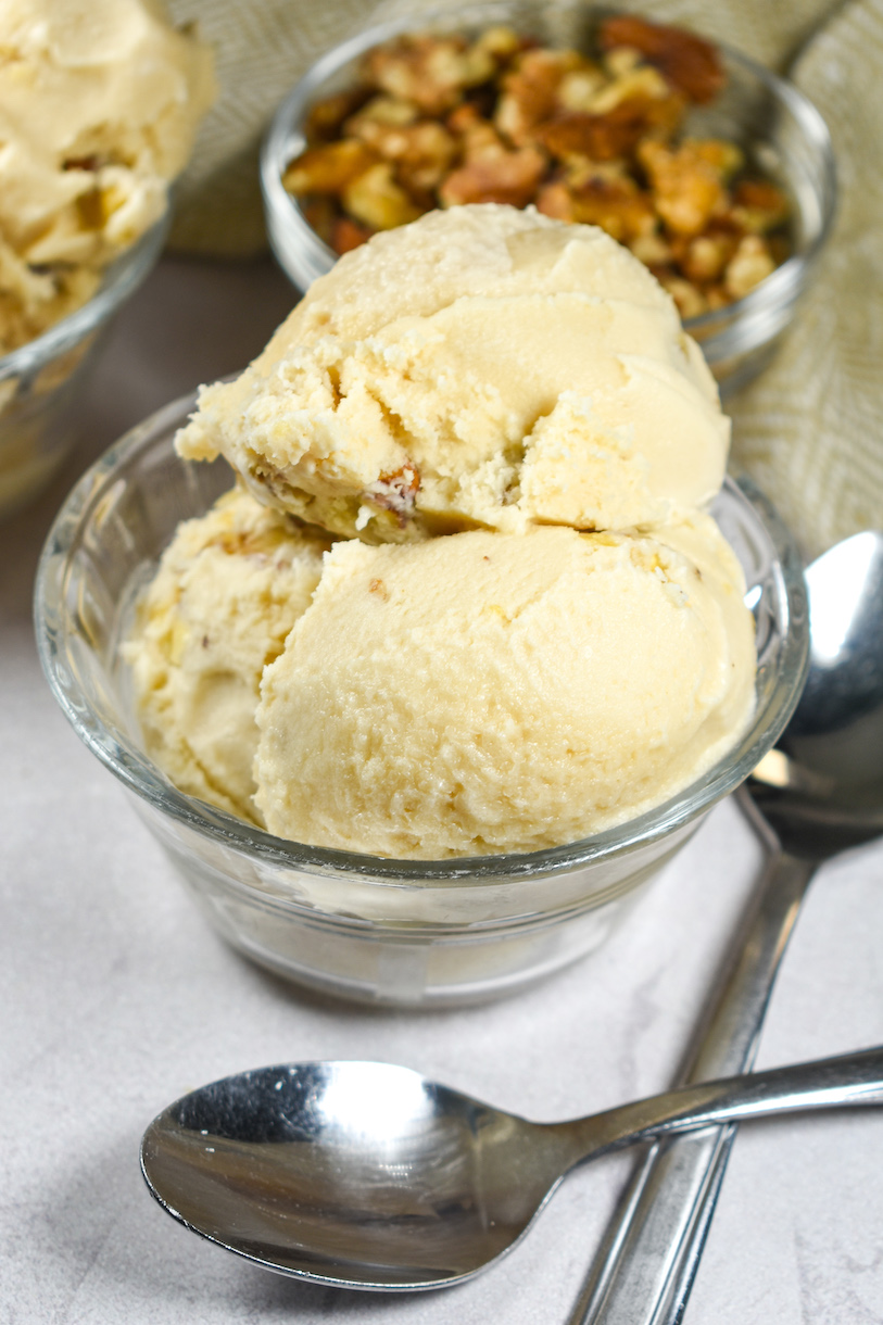 A dish of homemade maple walnut ice cream