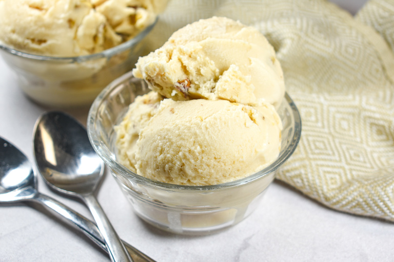 A dish of ice cream made with maple syrup