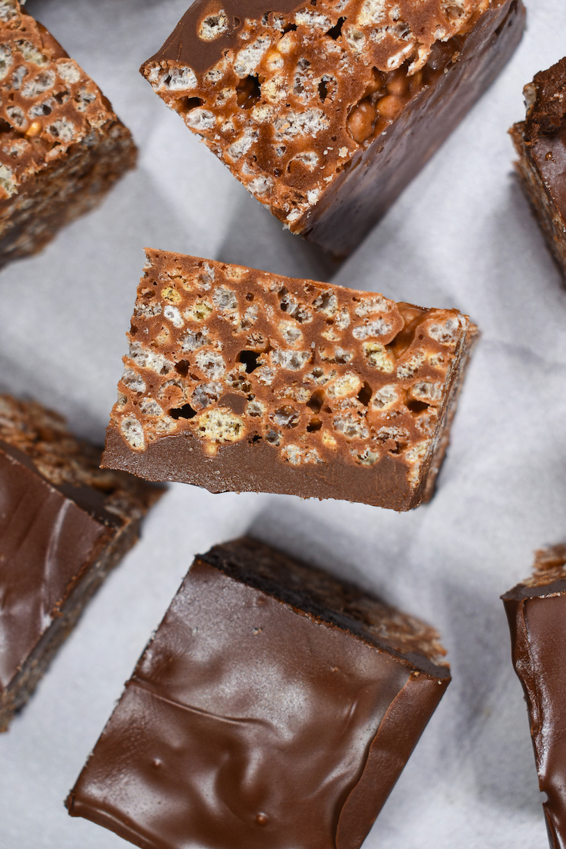 Nutella Rice Krispie treats on a white surface