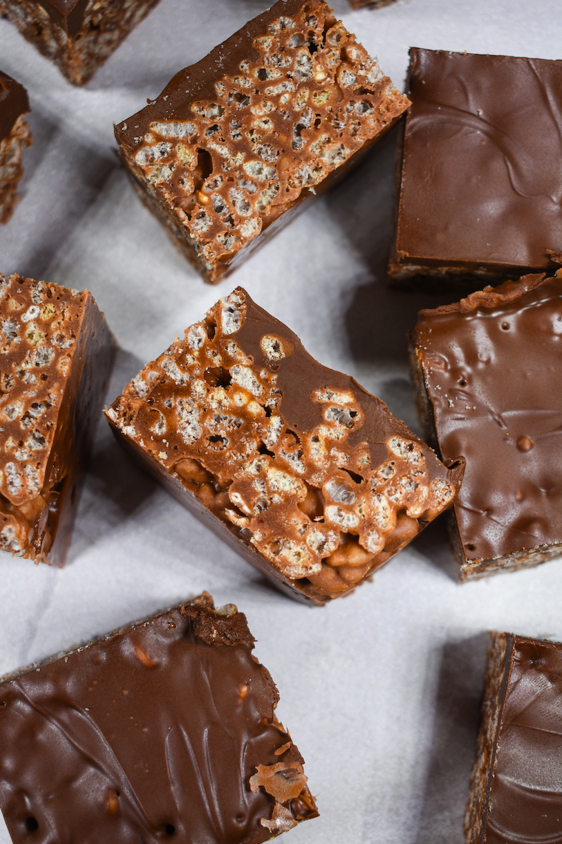 Nutella rice krispy treats on a white surface