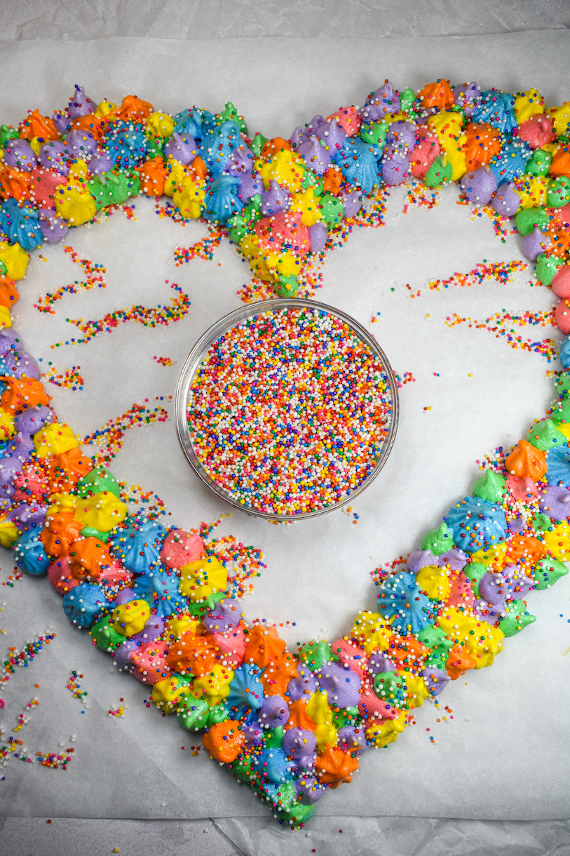 Heart shaped wreath made of piped meringue kisses