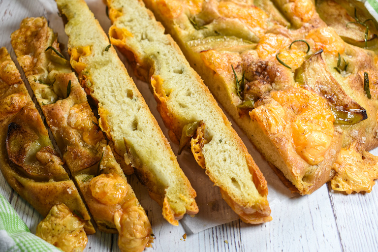 Slices of homemade cheese and apple focaccia