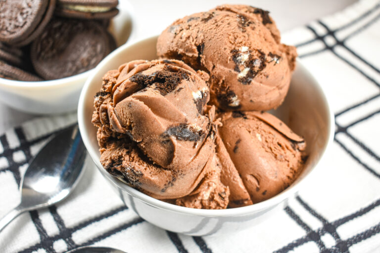 A dish of homemade chocolate Oreo ice cream