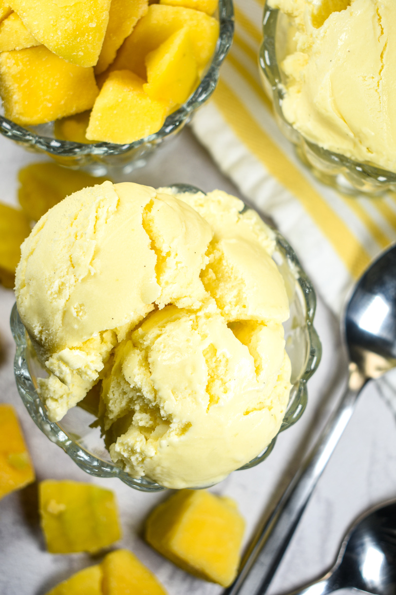 Dishes of mango ice cream and fresh mango fruit