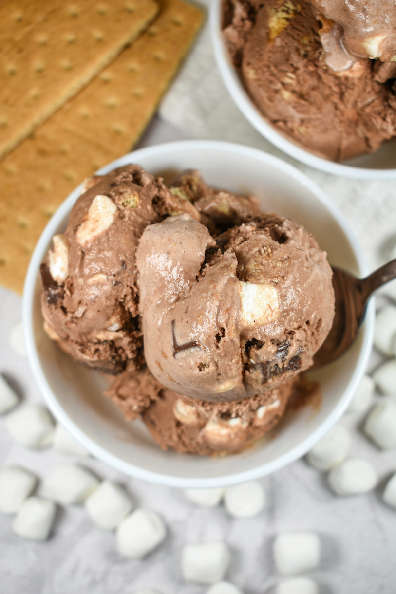 A bowl of chocolate marshmallow ice cream with graham crackers and milk chocolate