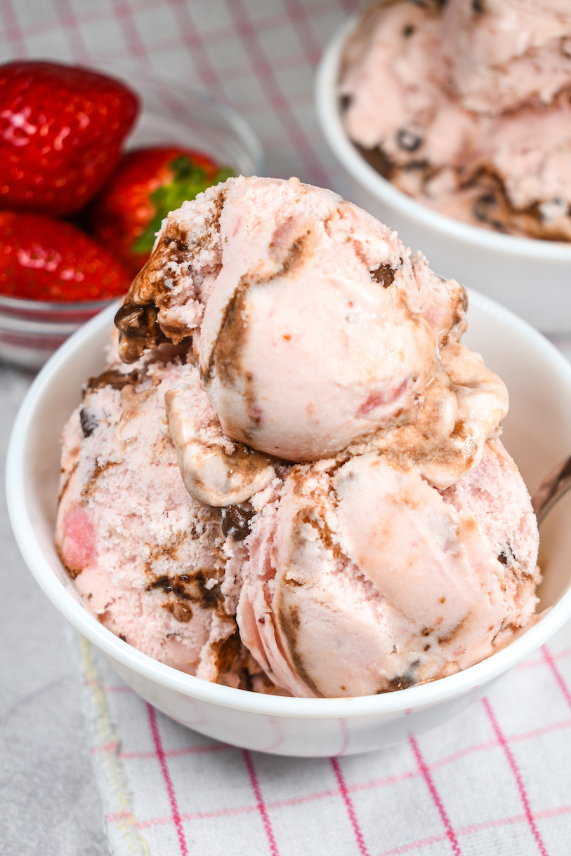 Bowl of chocolate and strawberry ice cream