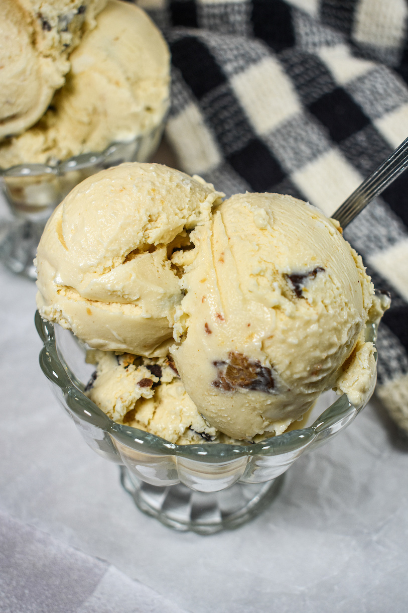 Dish with three scoops of peanut butter ice cream