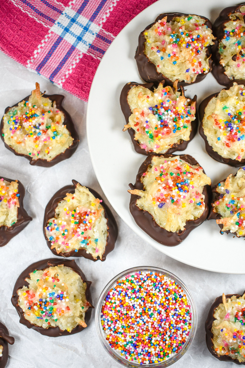 Coconut macaroons dipped in dark chocolate