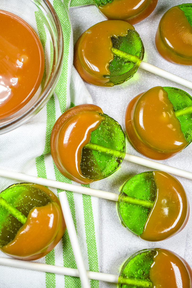 Caramel-dipped green apple lollipops