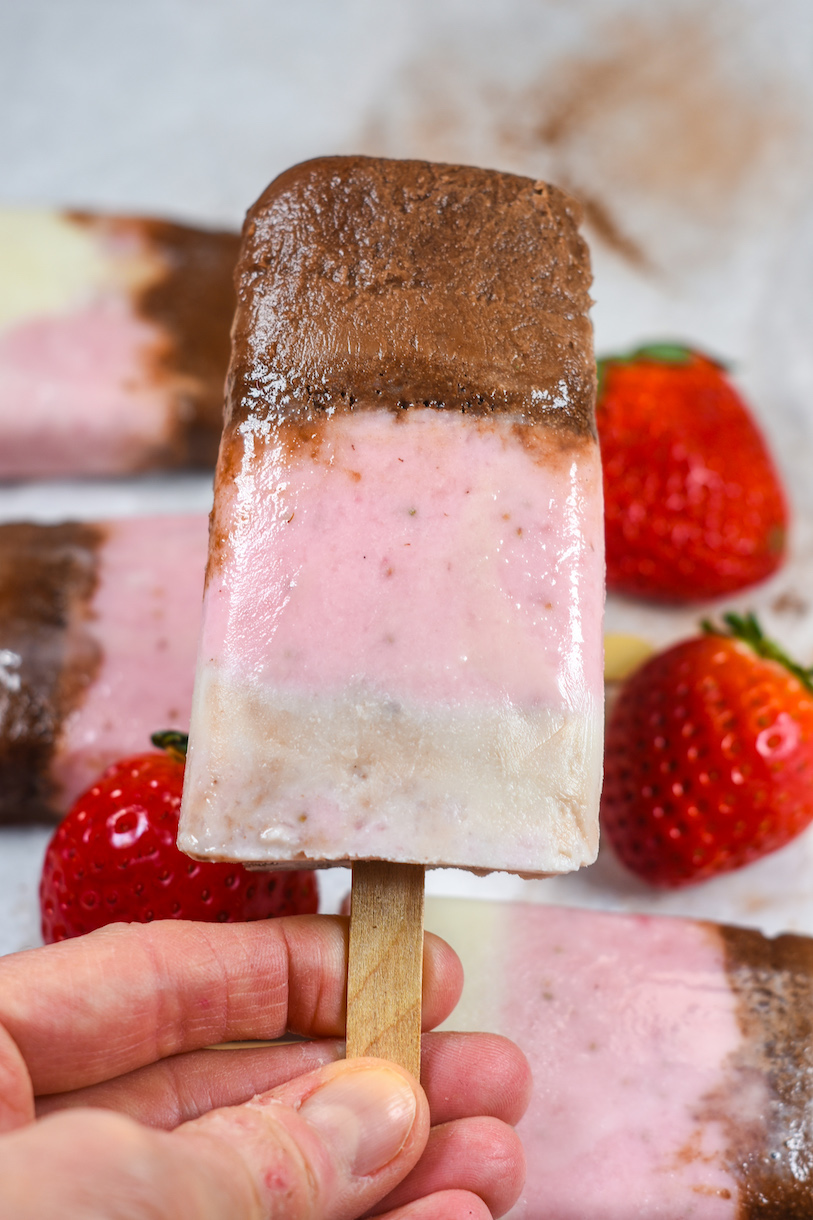 Hand holding a neapolitan popsicle