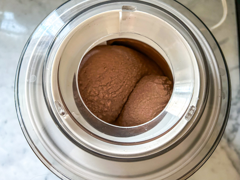 Chocolate ice cream in an ice cream maker