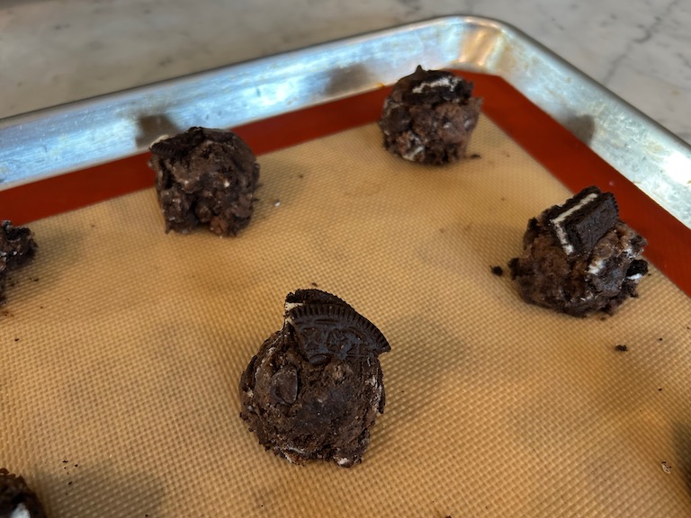 Closeup shot of scoops of chocolate Oreo cookie dough